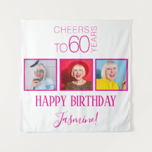 Prost auf 60 Jahre 3 Fotos Rosa Eleganter Rahmen Wandteppich