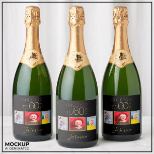 Prost auf 60 Jahre 3 Fotos Schwarz Gold Elegant Schaumweinetikett