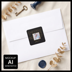 Prost auf 60 Jahre Black Gold Photo Elegant Quadratischer Aufkleber