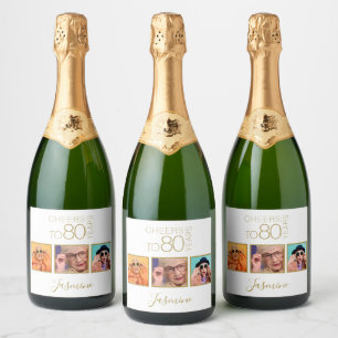 Prost auf 80 Jahre 3 Fotos Gold Eleganter Rahmen Schaumweinetikett
