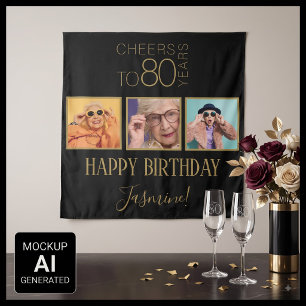 Prost auf 80 Jahre 3 Fotos Schwarz Gold Elegant Wandteppich