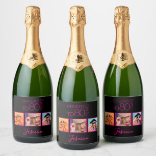 Prost auf 80 Jahre 3 Fotos Schwarz Pink Elegant Schaumweinetikett