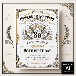Prost auf 80 Jahre Vintage Gold White Geburtstag Einladung
