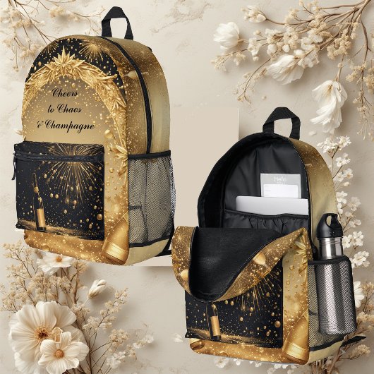 Prost auf Chaos und Champagner Mitternacht Gold Ne Bedruckter Rucksack
