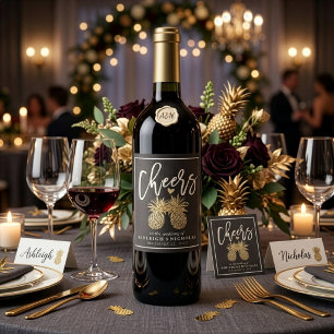 Prost auf die elegante Hochzeit Schwarz Gold Anana Weinetikett
