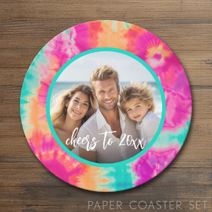 Prost aufs neue Jahr Tie-Dye Türkis Foto 70er Jahr Runder Pappuntersetzer