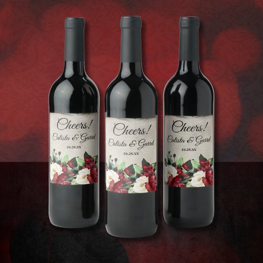 Prost! | Elegante Dark Red Floral Goth Wedding Weinetikett