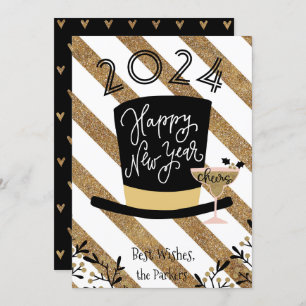 Prost   Feierliches Gold Streifen glücklich Neues  Feiertagskarte