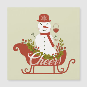 Prost Schneemann mit Wein und Schlitten Weihnachts Magnetkarte