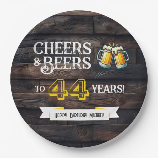 Prost und Bier zum 44. rustikalen Geburtstag Pappteller (Vorderseite)