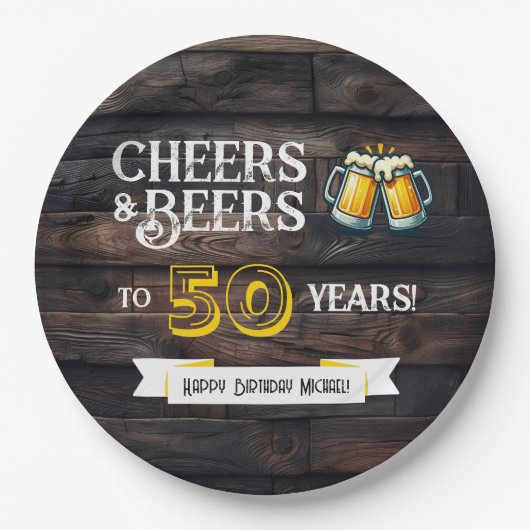 Prost und Bier zum 50er Rustic Geburtstag Pappteller (Vorderseite)