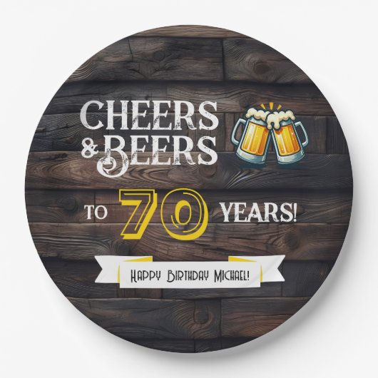 Prost und Bier zum 70. Geburtstag Rustikal Pappteller (Vorderseite)