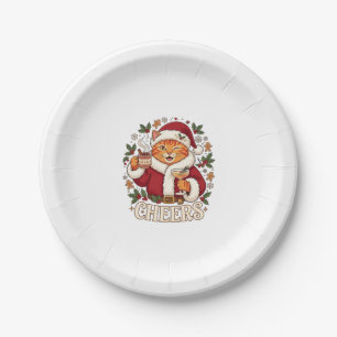 Prost Weihnachten Orange Katze Weihnachtsmann Hut Pappteller