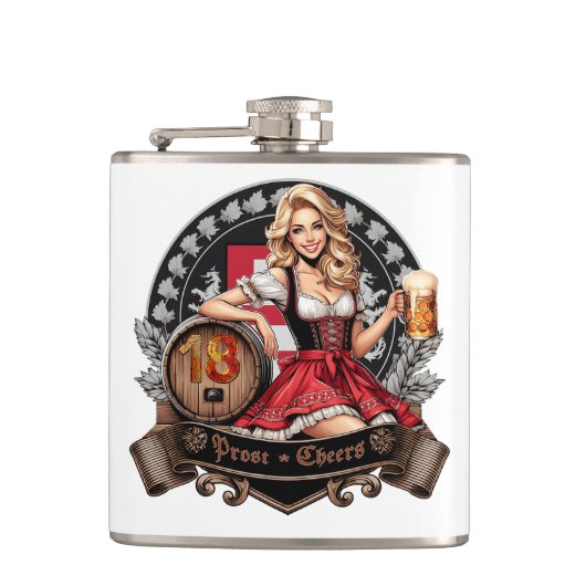 Prost zum 18. Geburtstag - Dirndl Prost Cheers Flachmann (Vorderseite)