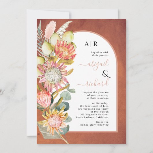 Protea Blume Pampas Gras Sterracotta Hochzeit Einladung (Vorderseite)