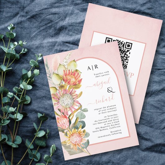 Protea Blume QR Code UAWG rosa Bogen Hochzeit Invi Einladung