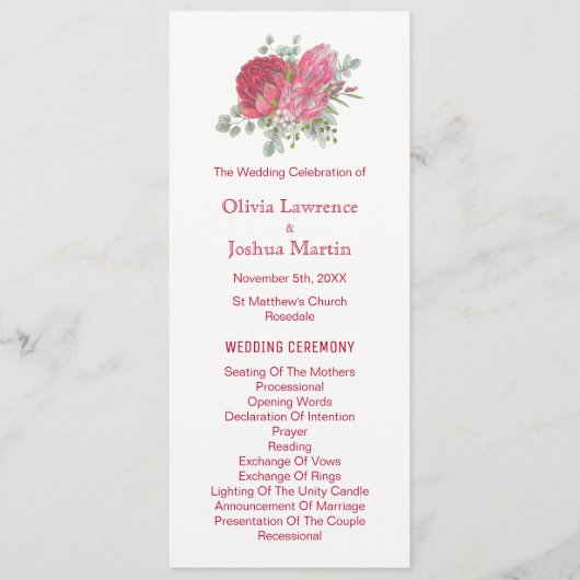 Protea Blume Watercolor Hochzeitsprogramme Programm (Vorderseite)