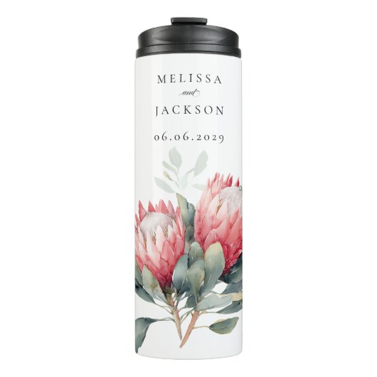 Protea Blush Wasserfarbe Blume Hochzeit Thermosbecher (Vorderseite)