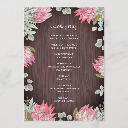 Protea Eucalyptus Lights Wood Rustic Wedding Programm (Rückseite)