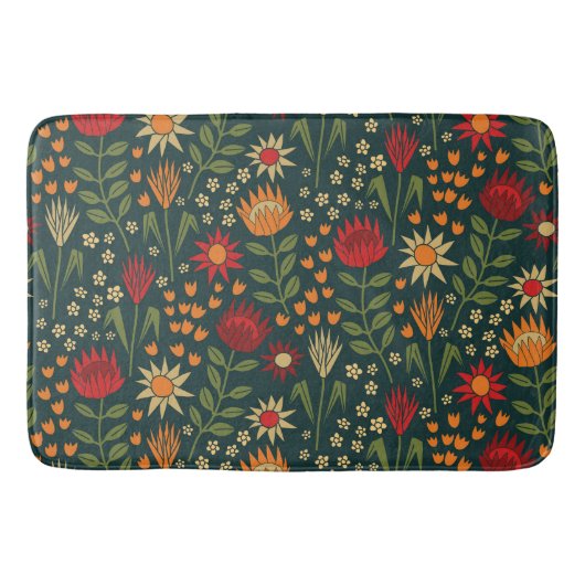 Protea Floral Block Print Millefleur Dunkel Badematte (Vorderseite)
