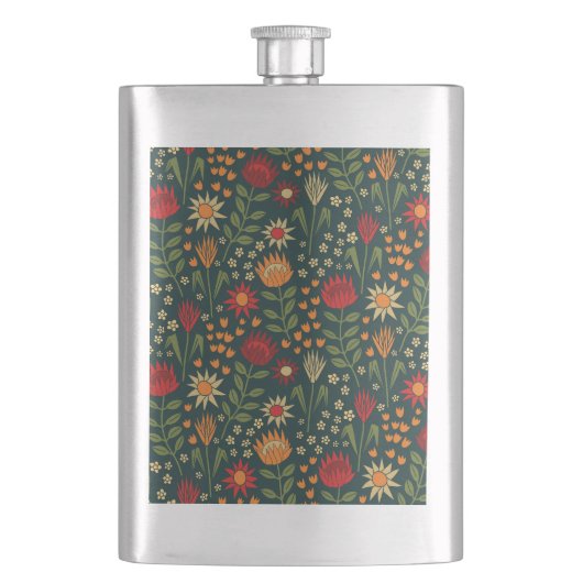 Protea Floral Block Print Millefleur Dunkel Flachmann (Vorderseite)