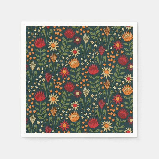 Protea Floral Block Print Millefleur Dunkel Serviette (Vorderseite)