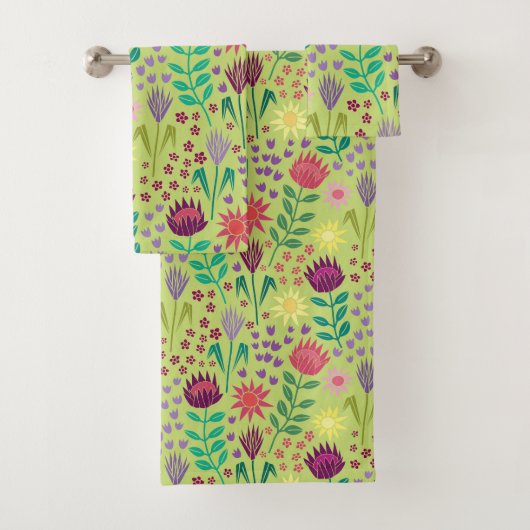 Protea Floral Block Print Millefleur Grün Badhandtuch Set (Insitu)