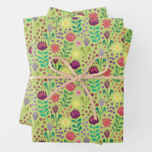 Protea Floral Block Print Millefleur Grün Geschenkpapier Set