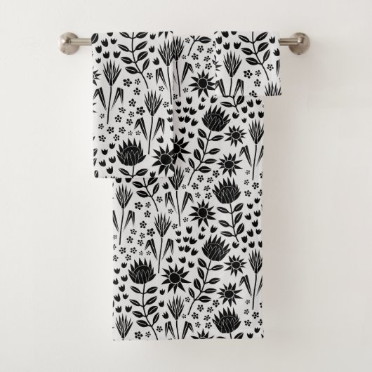 Protea Floral Block Print Millefleur Schwarz-weiß Badhandtuch Set (Insitu)
