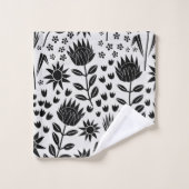 Protea Floral Block Print Millefleur Schwarz-weiß Badhandtuch Set (Waschlappen)