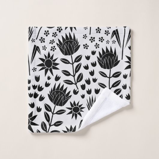Protea Floral Block Print Millefleur Schwarz-weiß Badhandtuch Set (Waschlappen)