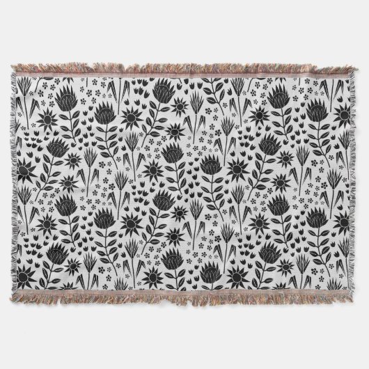 Protea Floral Block Print Millefleur Schwarz-weiß Decke (Vorderseite)