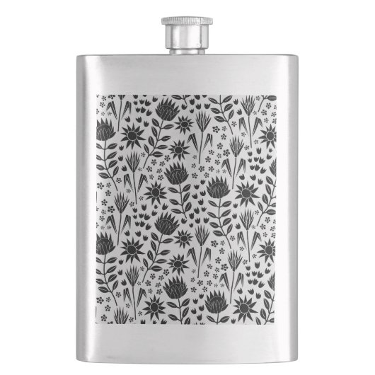Protea Floral Block Print Millefleur Schwarz-weiß Flachmann (Vorderseite)