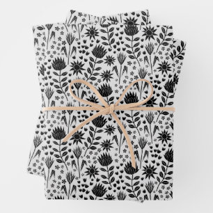Protea Floral Block Print Millefleur Schwarz-weiß Geschenkpapier Set