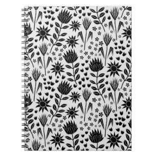 Protea Floral Block Print Millefleur Schwarz-weiß Notizblock