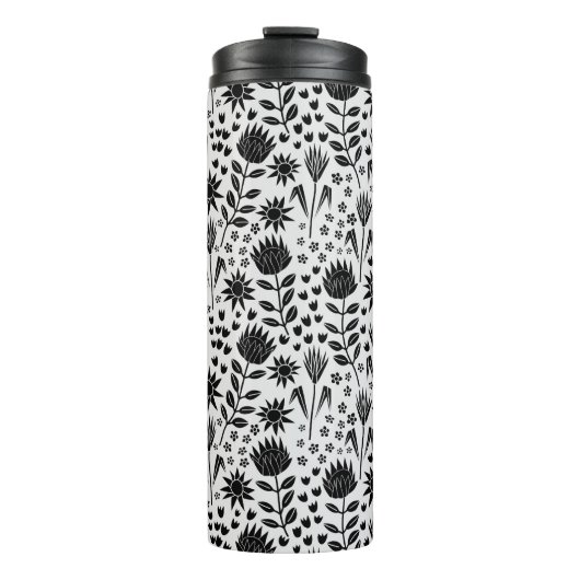 Protea Floral Block Print Millefleur Schwarz-weiß Thermosbecher (Vorderseite)