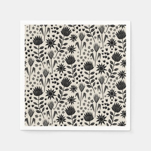 Protea Floral Block Print Milleflex schwarze Leine Serviette (Vorderseite)