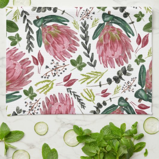 Protea Floral Watercolor Botanisch Geschirrtuch (Gefaltet)
