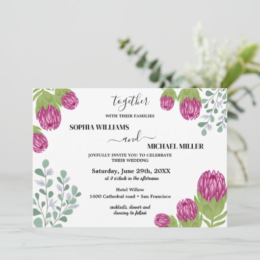 Protea Flower Garden Wedding Einladung (Stehend Vorderseite)