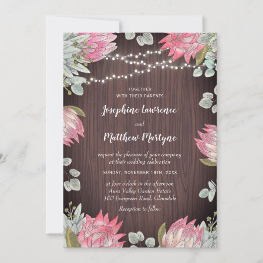 Protea Lights Wood Rustic Wedding Einladung (Vorderseite)