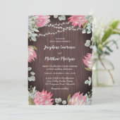 Protea Lights Wood Rustic Wedding Einladung (Stehend Vorderseite)