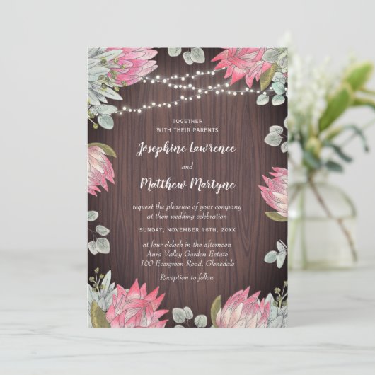 Protea Lights Wood Rustic Wedding Einladung (Stehend Vorderseite)