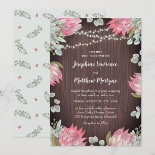 Protea Lights Wood Rustic Wedding Einladung