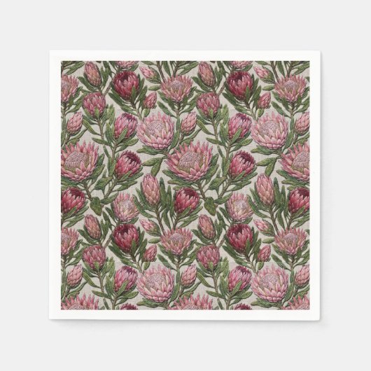 Protea mit rosa besticktem botanischem Muster Serviette (Vorderseite)