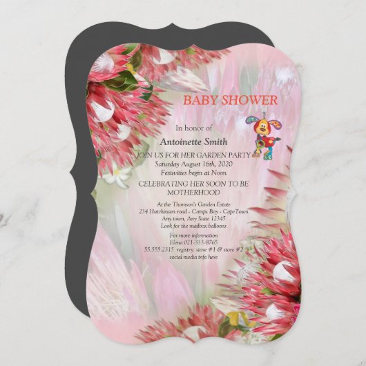 Protea - Strelitzia Blume Babydusche Einladung (Vorne/Hinten)