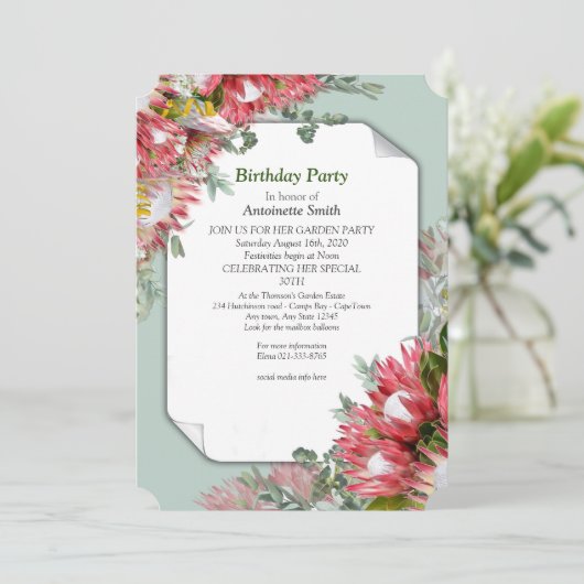 Protea - Strelitzia Blume Geburtstag Einladung (Stehend Vorderseite)