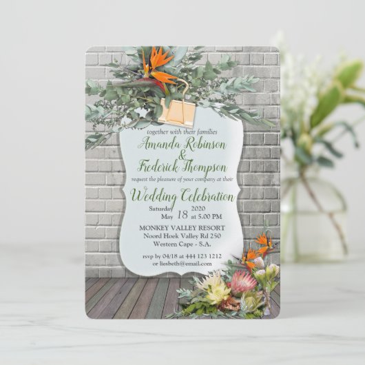 Protea - Strelitzia Blume Hochzeit Einladung (Stehend Vorderseite)