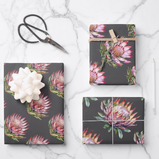 Protea Sugarbush Blume Südafrikanisches Rosa Grau Geschenkpapier Set (Vorderseite)