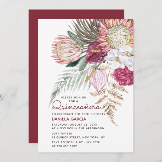 Protea Watercolor Floral Bouquet Quinceañera Einladung (Vorne/Hinten)