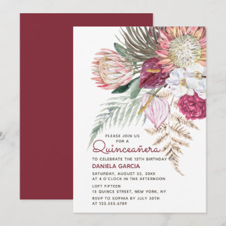 Protea Watercolor Floral Bouquet Quinceañera Einladung